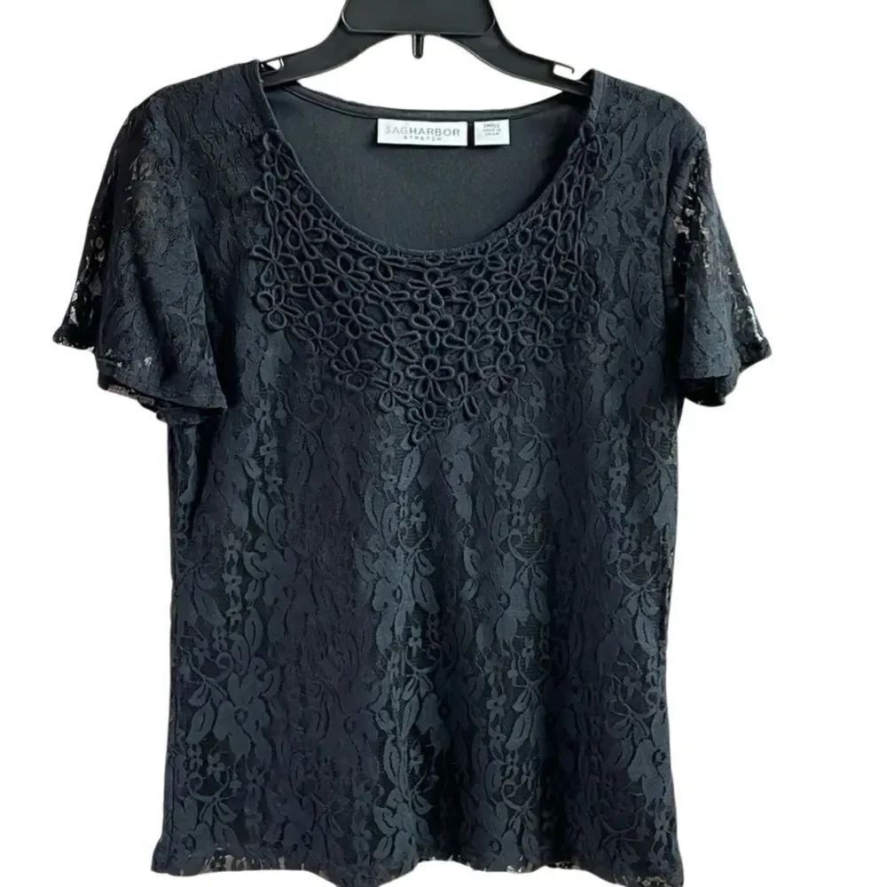 Sag Harbor Stretch Women’s Lace Short Sleeve Top Size Small Black
